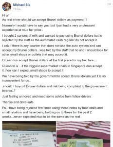 ntuc supermarket reject brunei dollar currency